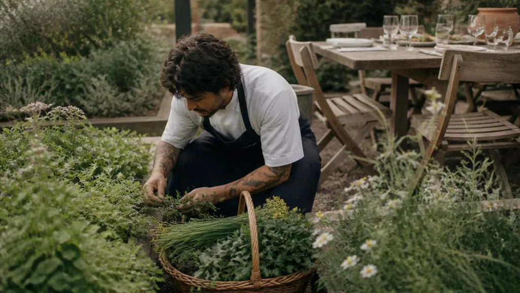 Garden-to-table restaurant setting with local herbs and produce