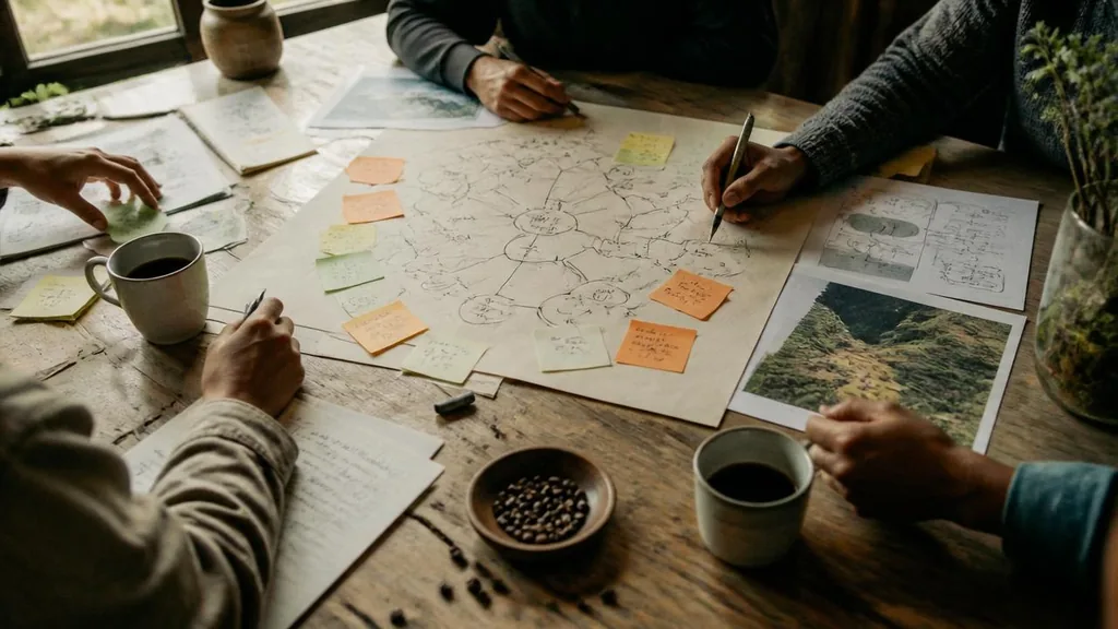 Systems map and highland coffee produce in a strategy workshop setting